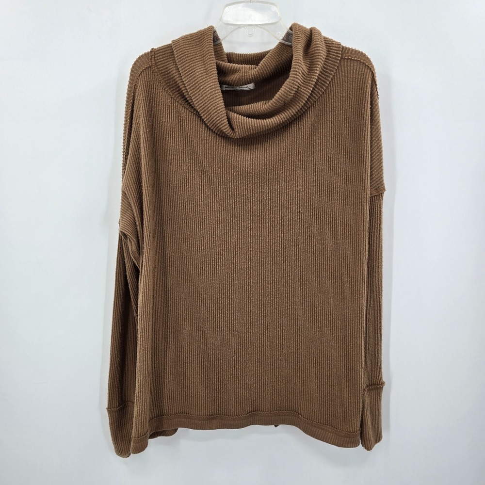We The Free Free People Brown Ribbed Cowl Neck Split Back‎ Thermal Top Small
